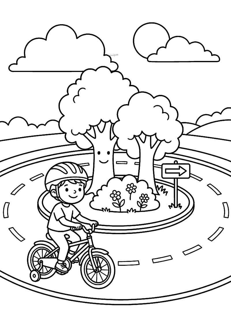 Fietsen bij de rotonde kleurplaat
