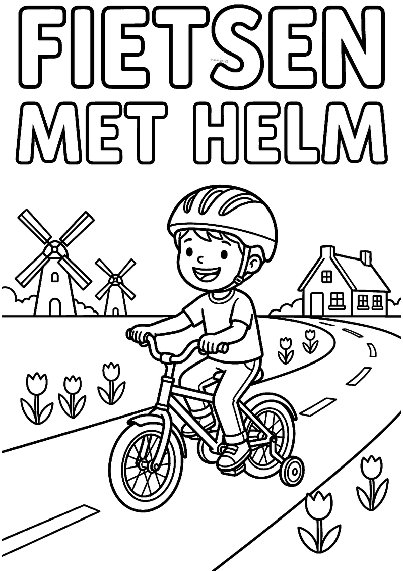 Fietsen met helm kleurplaat