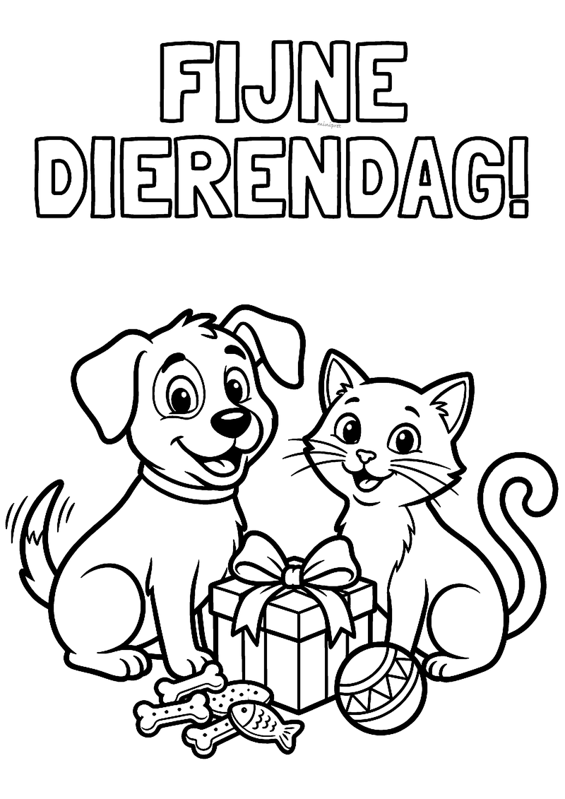 Kleurplaat met tekst Fijne Dierendag: een hond en een kat bij een cadeau met strik, een bal en koekjes