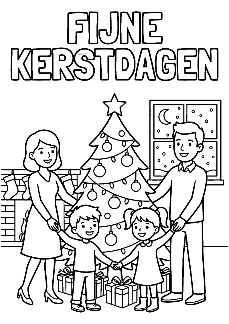 Kleurplaat met tekst FIJNE KERSTDAGEN boven gezin van vier hand in hand voor versierde kerstboom met cadeaus