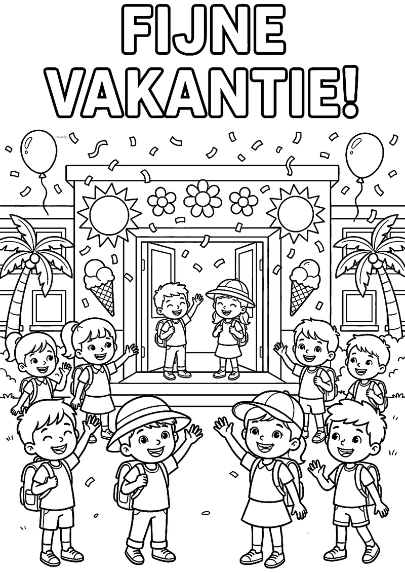 Kleurplaat van een groep juichende kinderen met rugzakken voor een versierde schoolingang, met de tekst Fijne vakantie