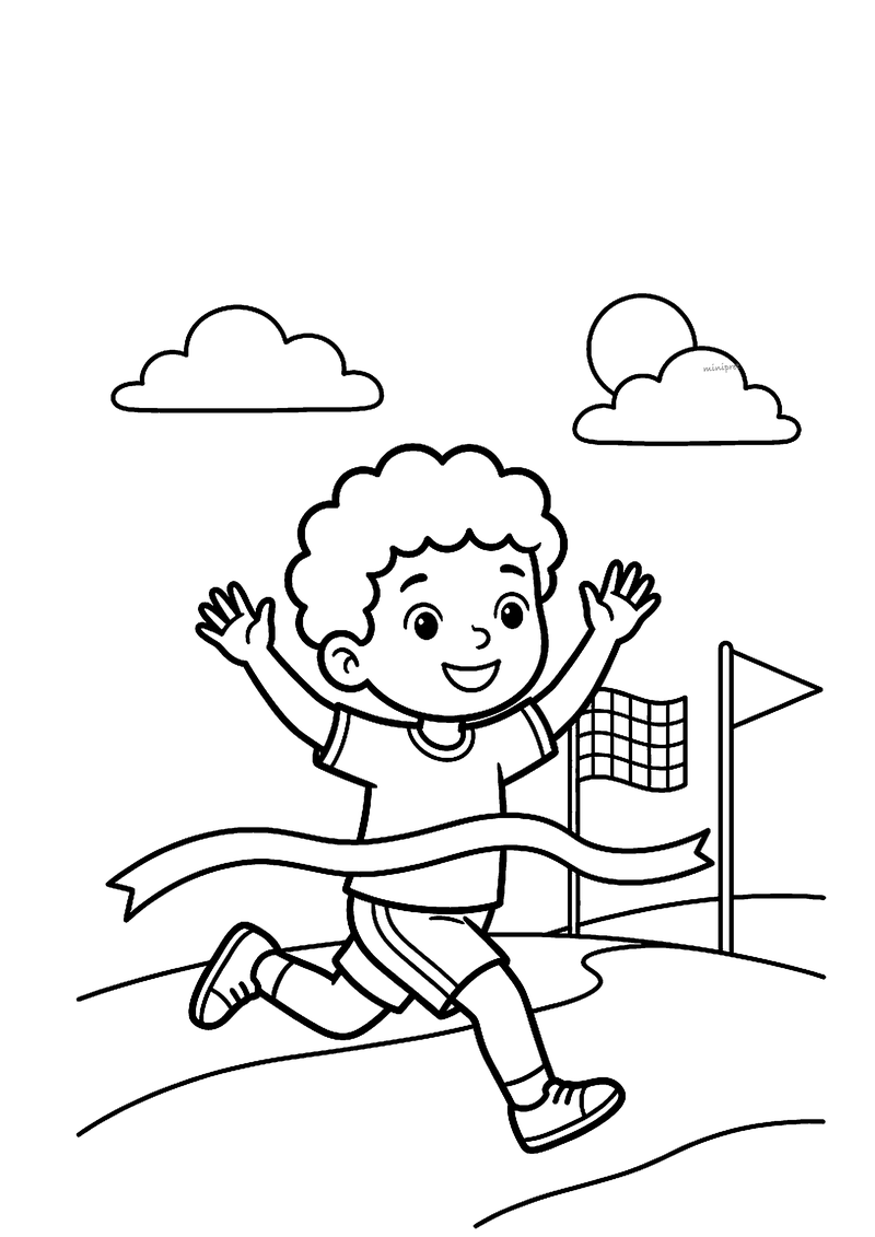 Kleurplaat van een juichende jongen met krullen die door het finishlint rent, met een geblokte finishvlag en een wimpel