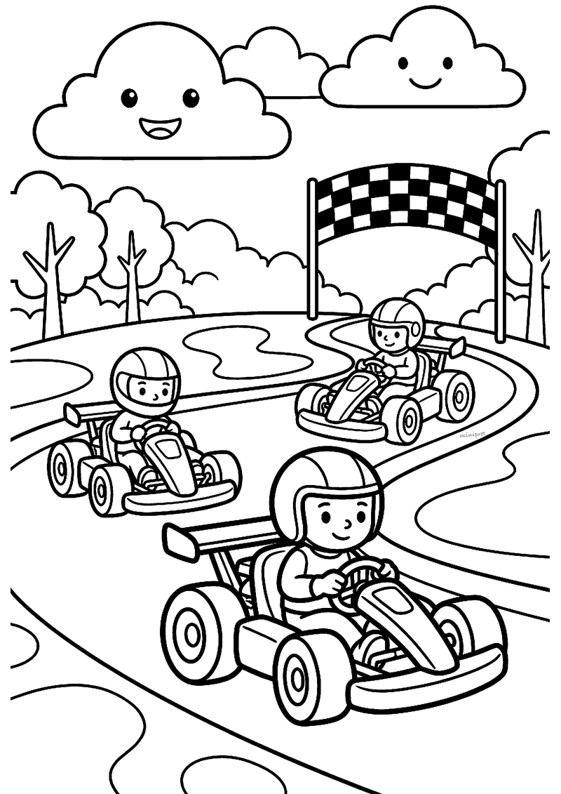 Kleurplaat van drie kinderen met helm in karts die over een bochtige kartbaan racen naar een geblokte finishboog