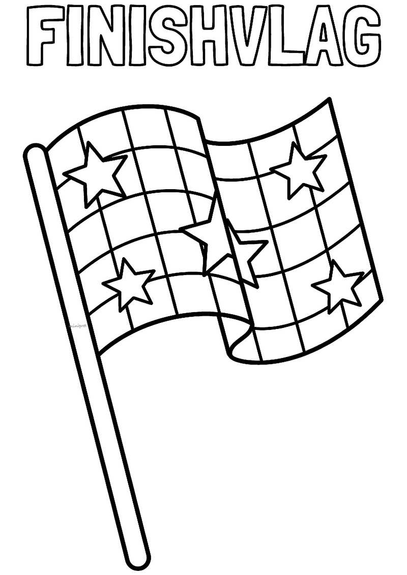 Kleurplaat van een eenvoudige geblokte finishvlag aan een stok met zes sterren erop en het woord FINISHVLAG erboven