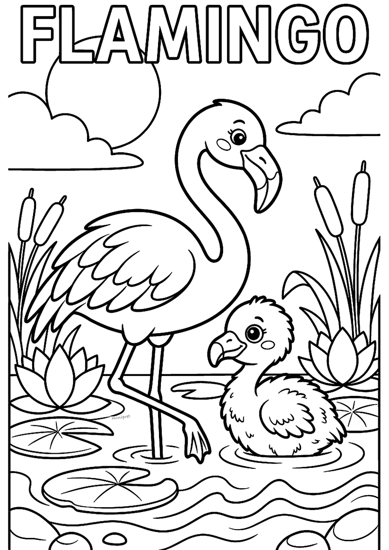 Kleurplaat van een mama flamingo op één poot in de vijver naast haar pluizige kuiken, met waterlelies en lisdodden