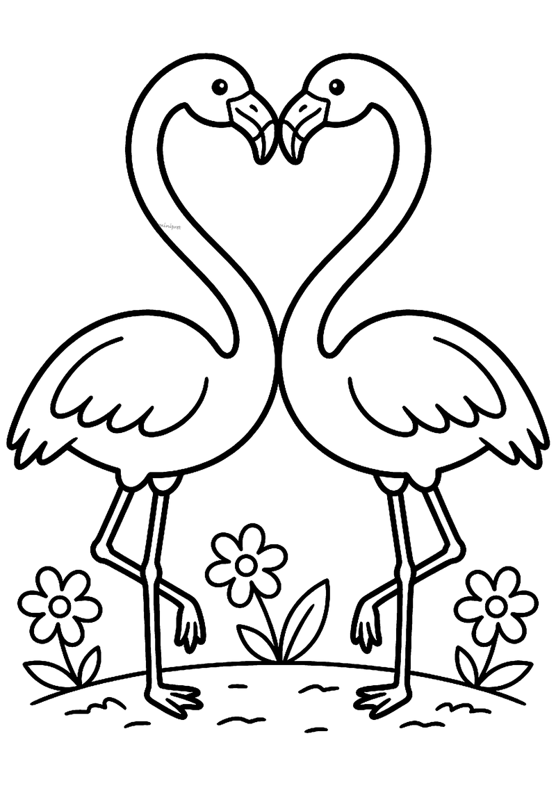 Kleurplaat van twee flamingo's die met hun lange nekken samen een hartje vormen, met drie bloemetjes aan hun voeten