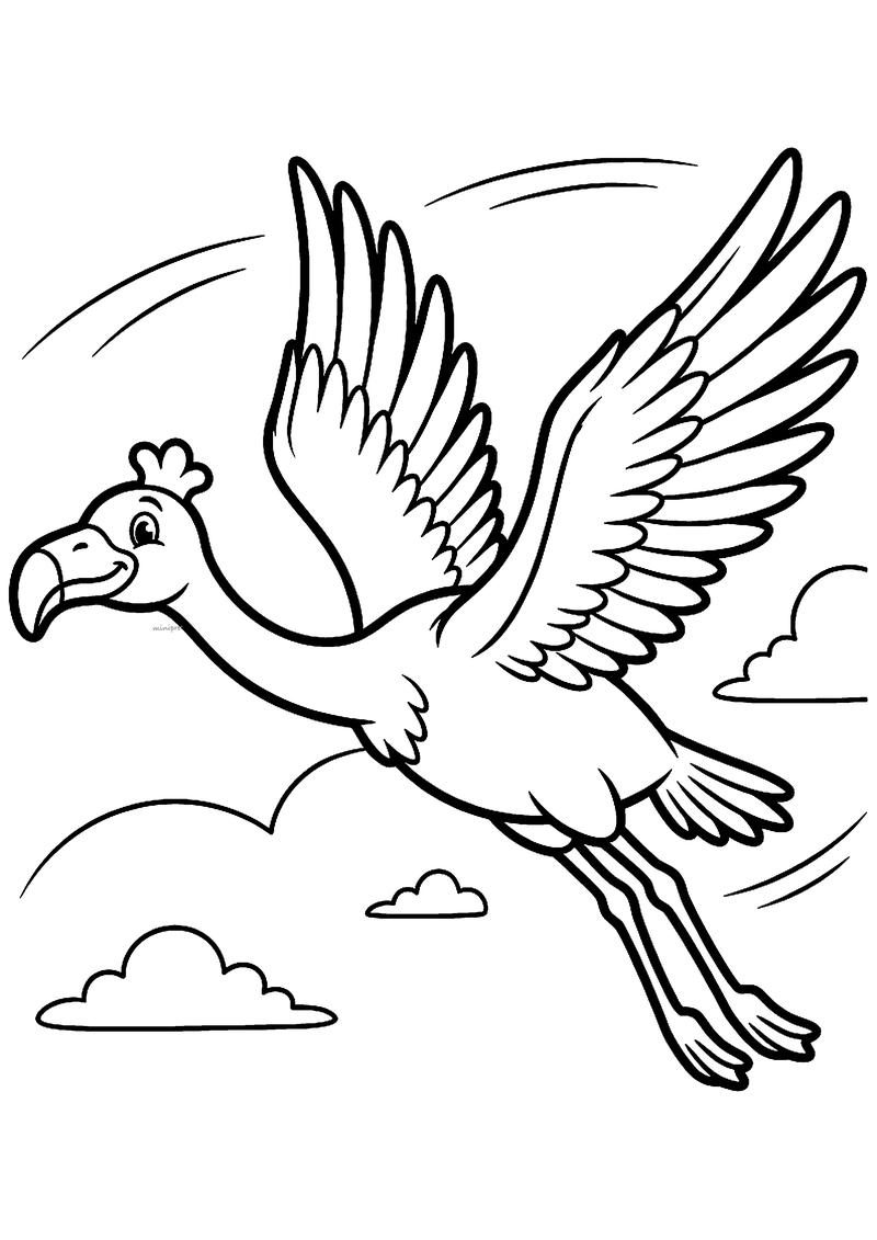 Kleurplaat van een vrolijke flamingo die met wijd gespreide vleugels en lange poten door de lucht vliegt tussen wolken