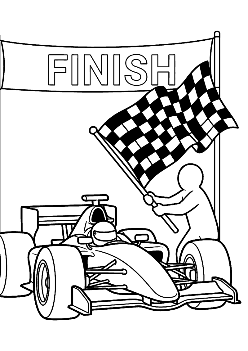 Formule 1 Auto die Richting Finish Rijdt met Finishvlag Formule 1 Kleurplaat — gratis kleurplaat printen