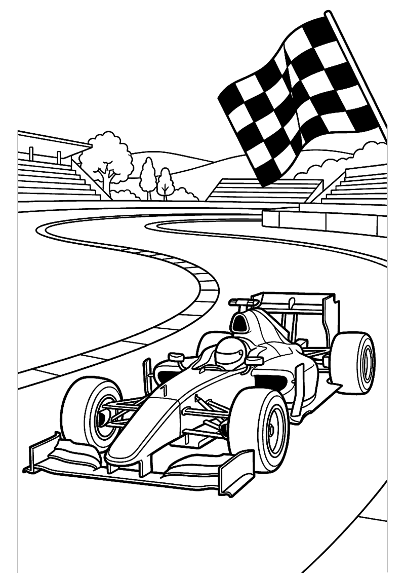 Formule 1 Auto op Racecircuit met Simpele Bochten en Finishvlag Formule 1 Kleurplaat — gratis kleurplaat printen