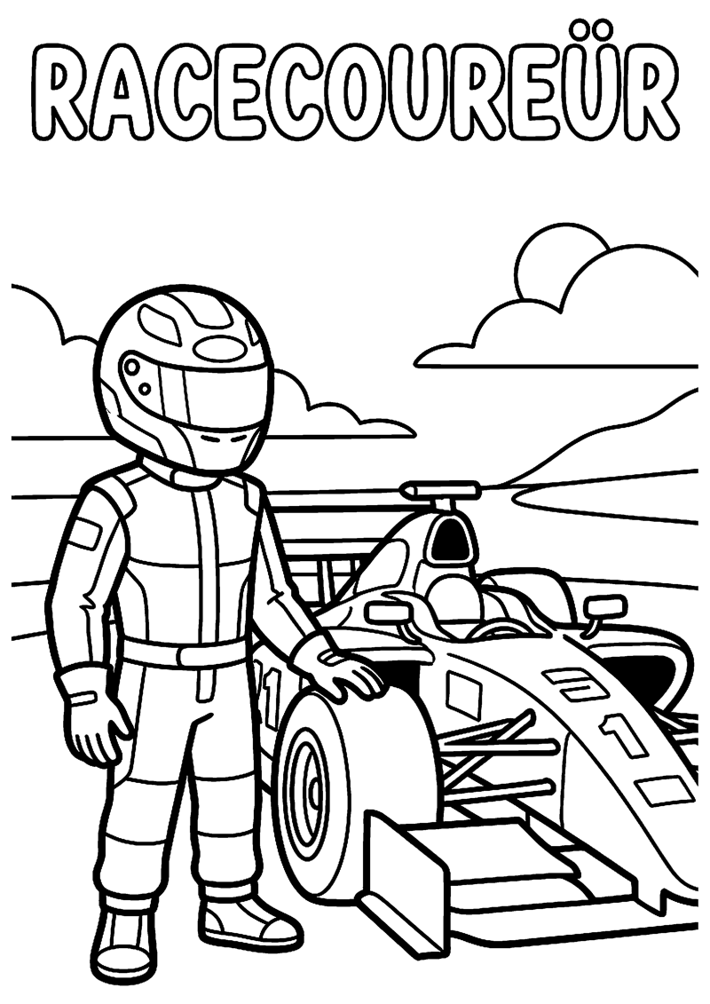 Formule 1 Coureur met Helm Naast Raceauto met Tekst Racecoureur Formule 1 Kleurplaat — gratis kleurplaat printen
