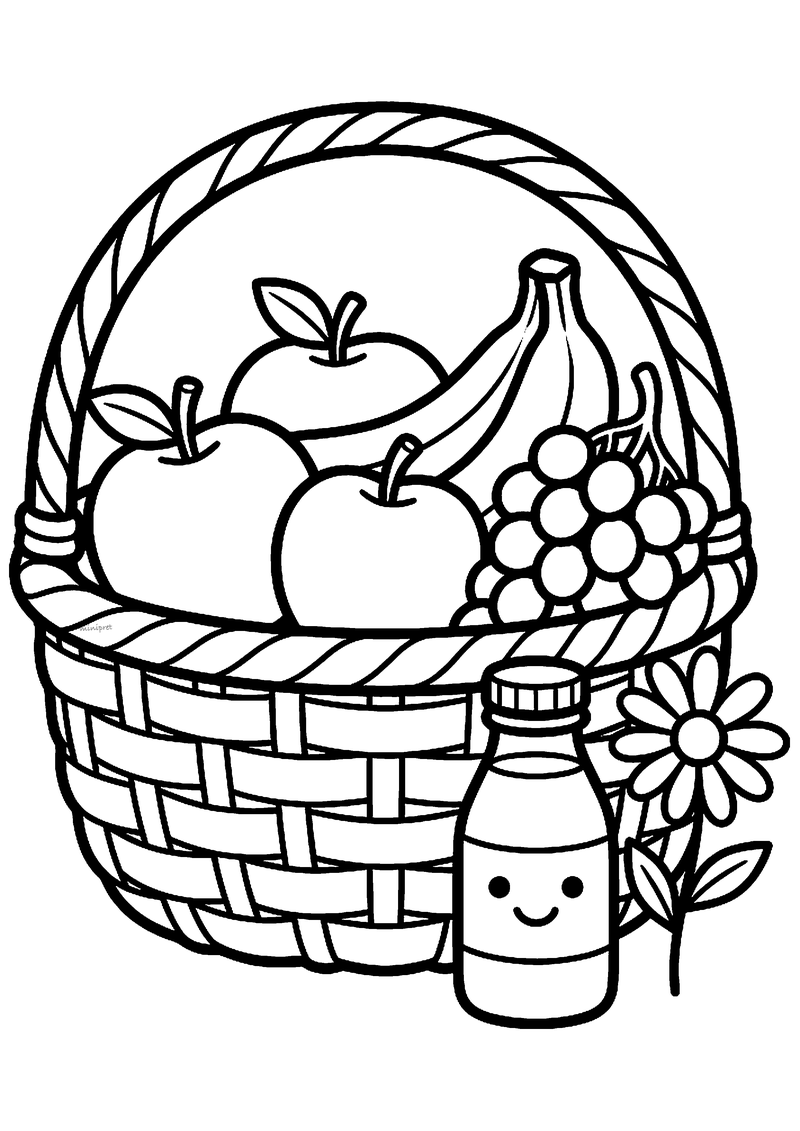 Kleurplaat van een gevlochten mand met appels, banaan en druiven, met een flesje met lachend gezicht