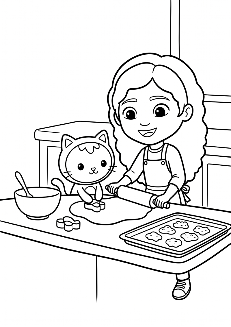 Gabby Bakt Koekjes met Kat Kleurplaat — gratis kleurplaat