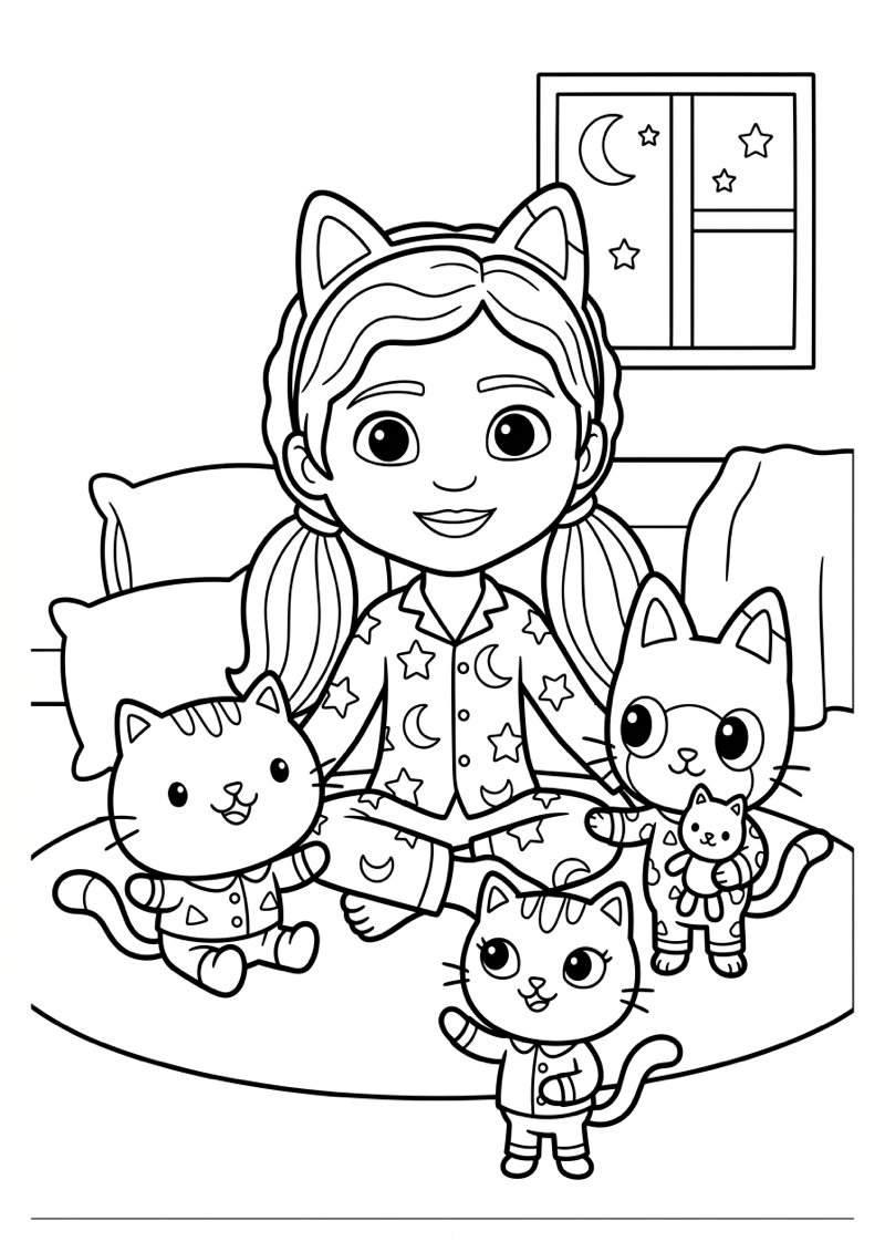 Gabby en Katten in Pyjama Scene Kleurplaat — gratis kleurplaat