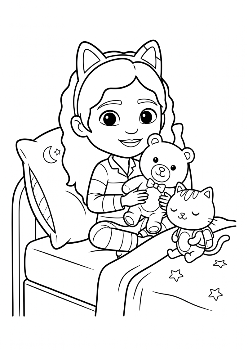 Gabby in Bedtijd Scene Kleurplaat — gratis kleurplaat