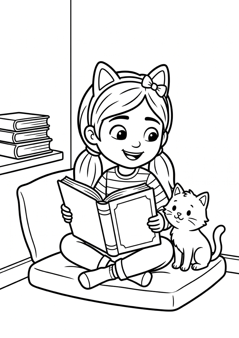 Gabby in Leeshoek met Kat Kleurplaat — gratis kleurplaat