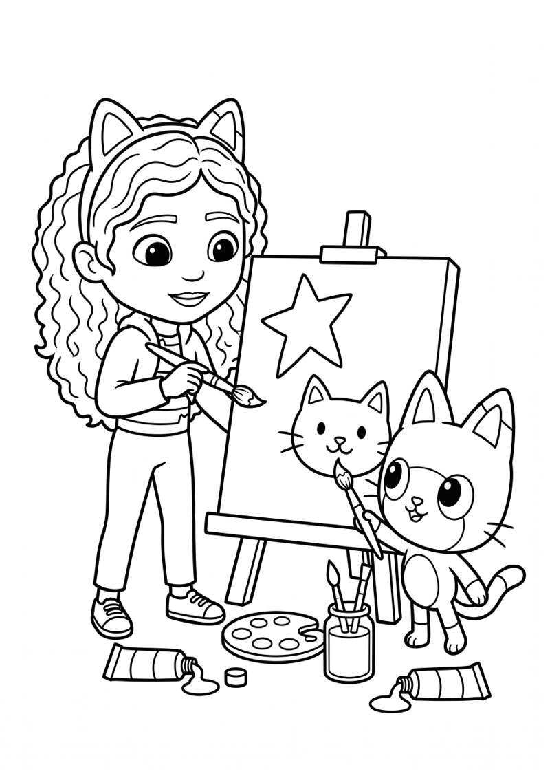 Gabby Maakt Schilderij met Kat Kleurplaat — gratis kleurplaat