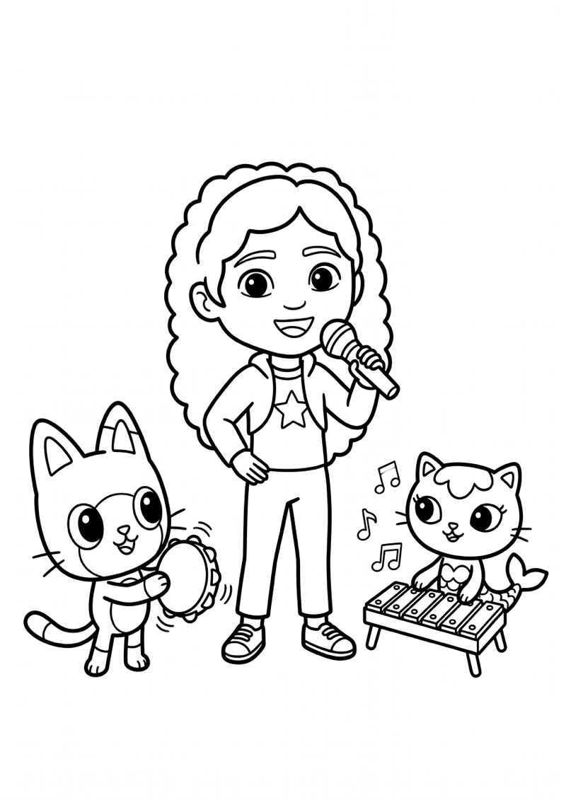 Gabby met 2 Katten Muziek Scene Kleurplaat — gratis kleurplaat