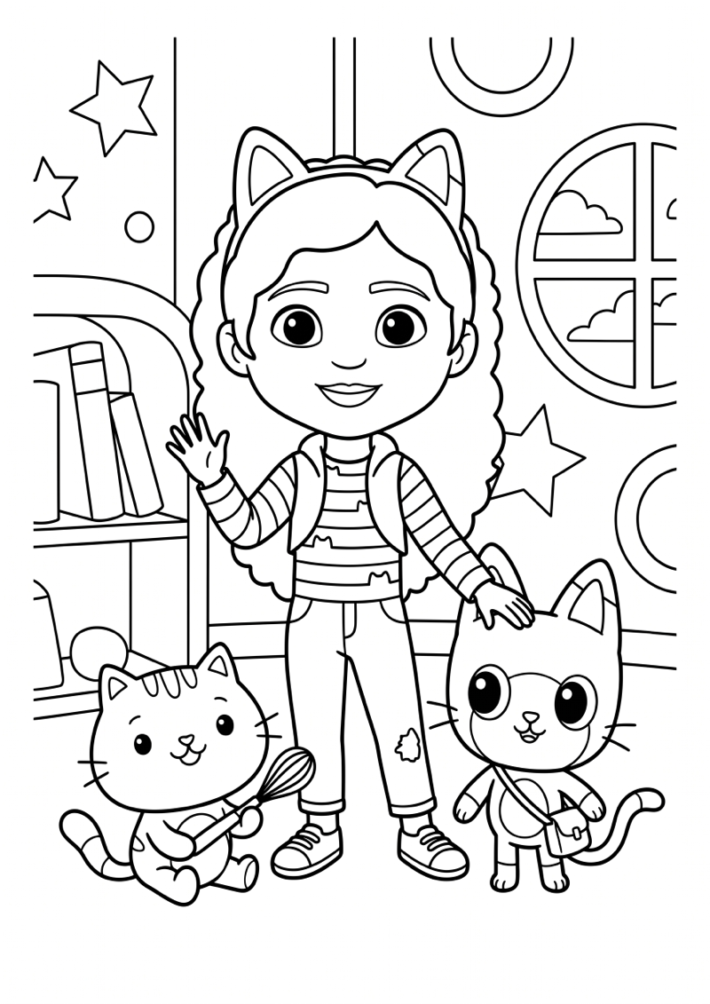 Gabby met 2 Kattenvriendjes in Poppenhuis Kleurplaat — gratis kleurplaat