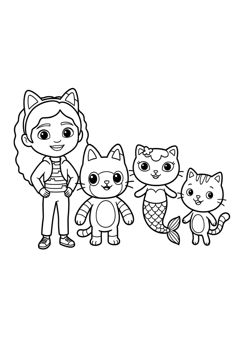 Gabby met 3 Kattenvriendjes in Rij Kleurplaat — gratis kleurplaat