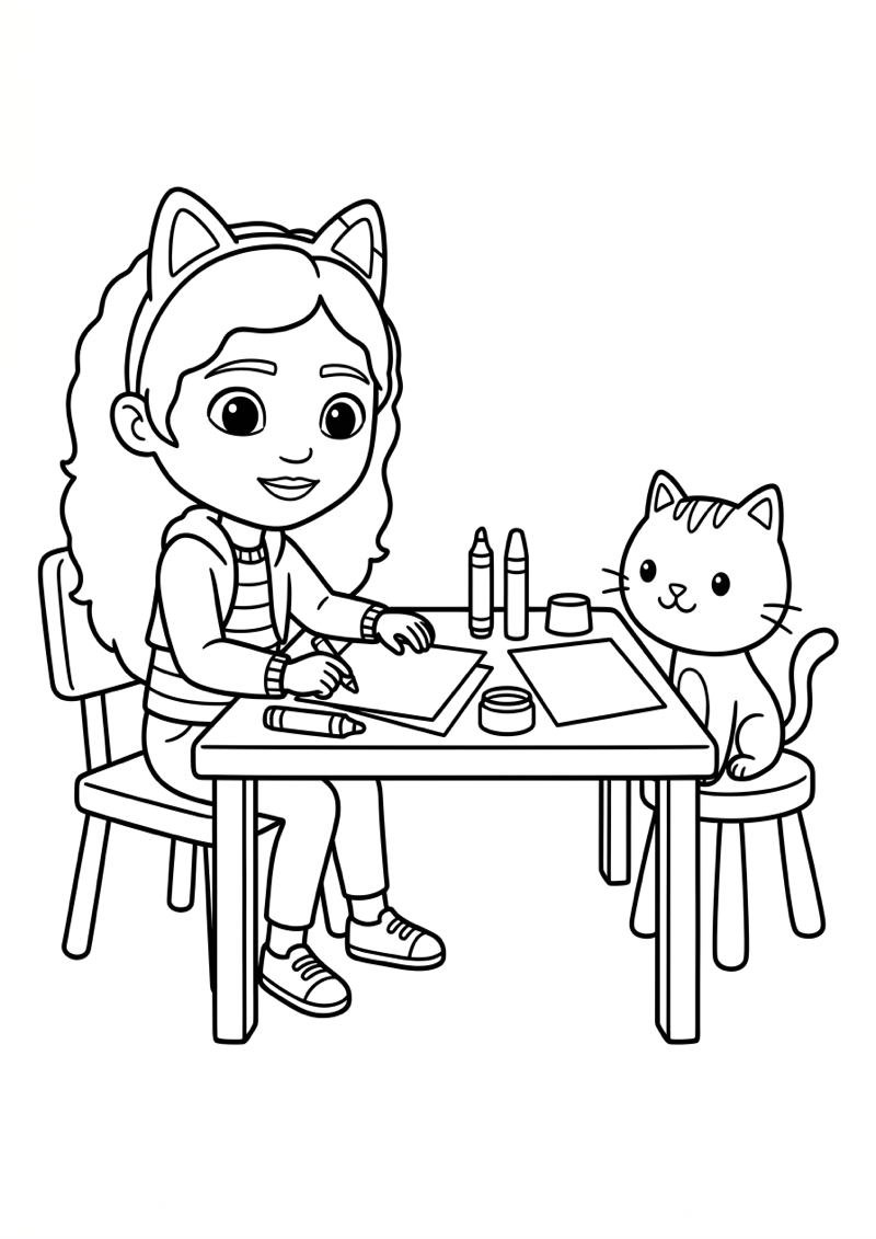 Gabby met Kat bij Knutseltafel Kleurplaat — gratis kleurplaat