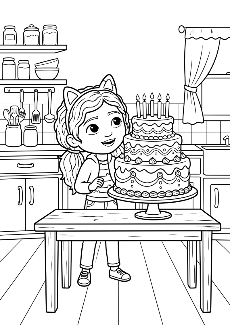 Gabby met Taart in Keuken Kleurplaat — gratis kleurplaat