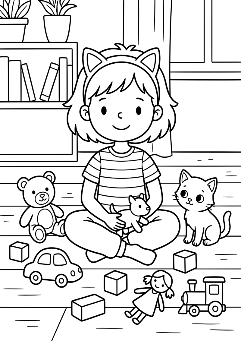 Gabby op Vloer met Speelgoed Kleurplaat — gratis kleurplaat
