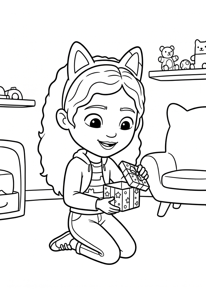 Gabby Opent Cadeaudoosje Kleurplaat — gratis kleurplaat