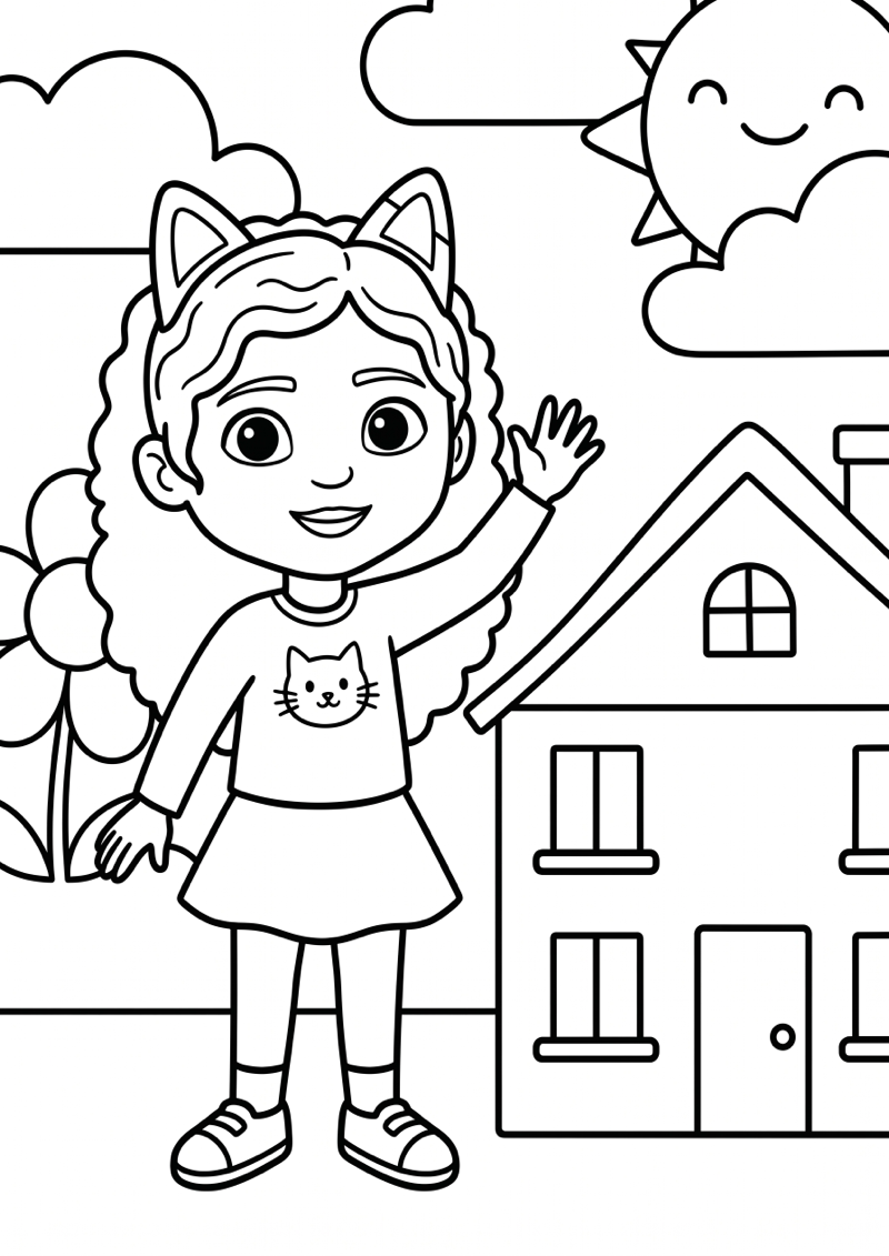 Gabby Zwaait voor Poppenhuis Kleurplaat — gratis kleurplaat