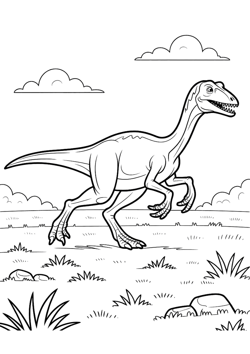 Kleurplaat van een Gallimimus die in volle sprint over een vlakte met gras en stenen rent, met wolken aan de horizon