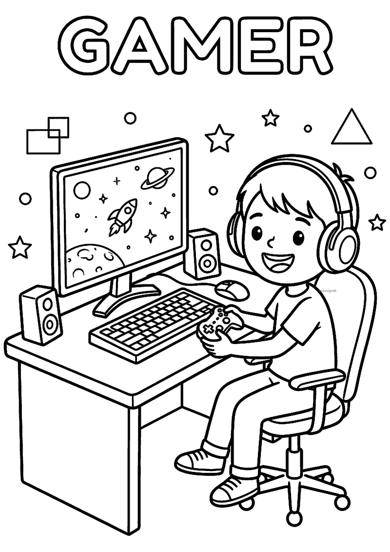 Kleurplaat van een lachende jongen met koptelefoon en controller aan een bureau met beeldscherm en luidsprekers