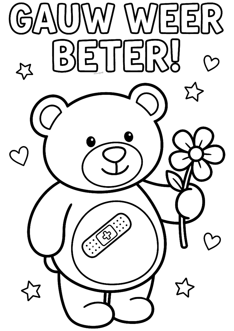 Kleurplaat van een teddybeer met een pleister op zijn buik die een bloem vasthoudt, met sterren en hartjes