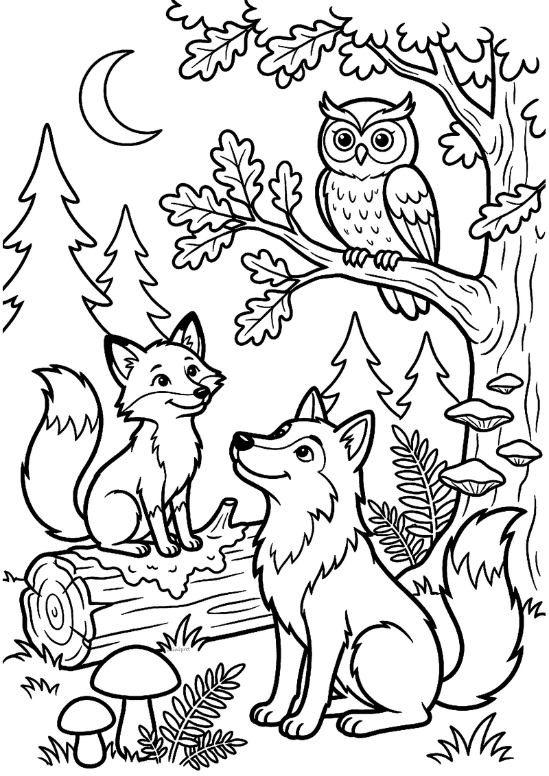 Kleurplaat van een uil op een eikentak, een vos op een boomstam en een wolf in het bos met paddenstoelen en maan
