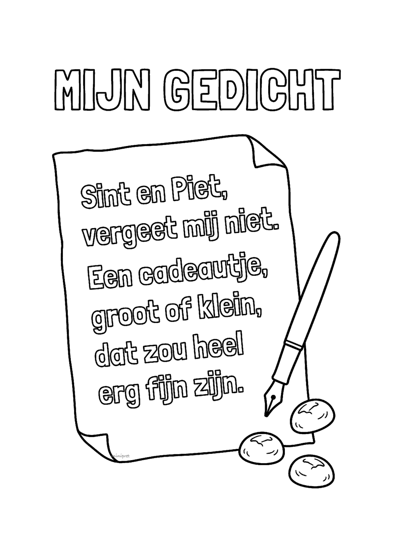 Kleurplaat van een sinterklaasgedicht op vergeeld papier met vulpen en kruidnoten ernaast, met tekst MIJN GEDICHT