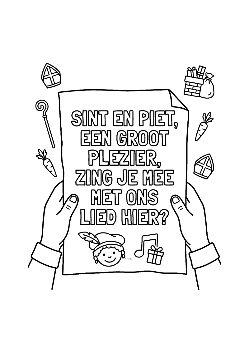Kleurplaat van twee handen die een papier met sinterklaasrijmpje vasthouden, mijters en wortels eromheen