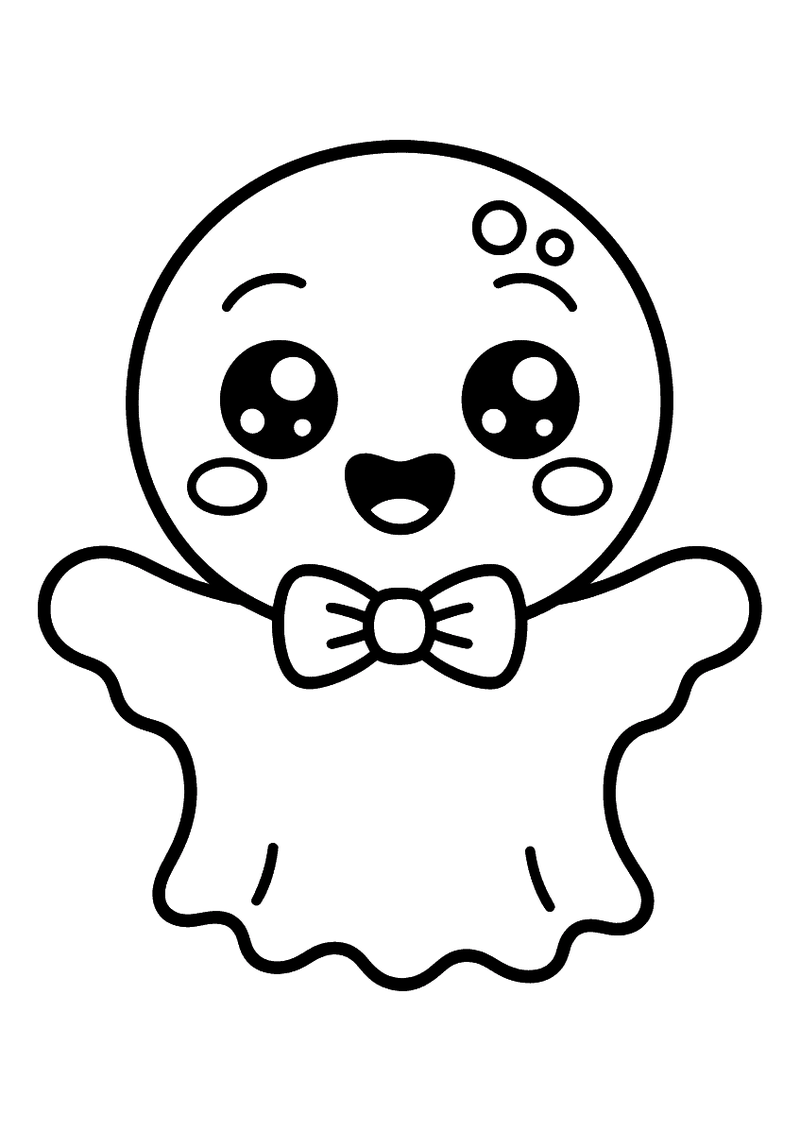 Kawaii kleurplaat van een vriendelijk spookje met een brede glimlach, grote ronde ogen en een vlinderstrikje op zijn nek