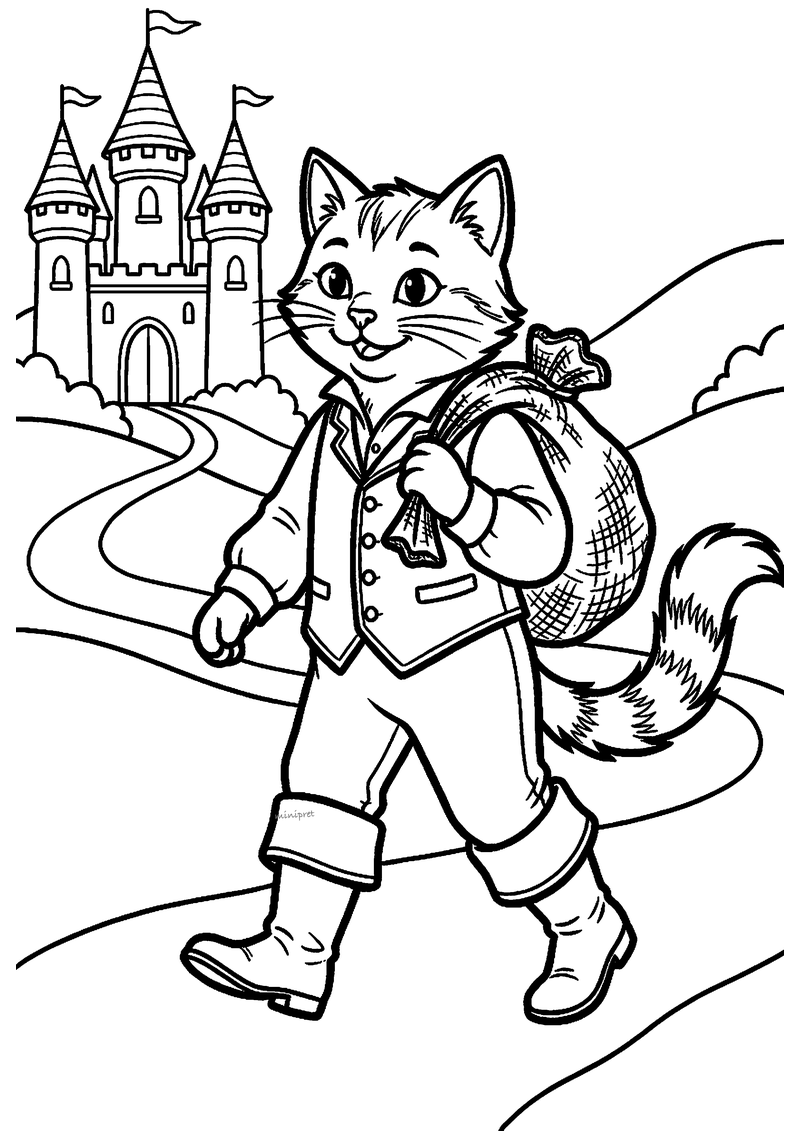 Kleurplaat van de gelaarsde kat met een zak over zijn schouder op een kronkelweg naar een kasteel