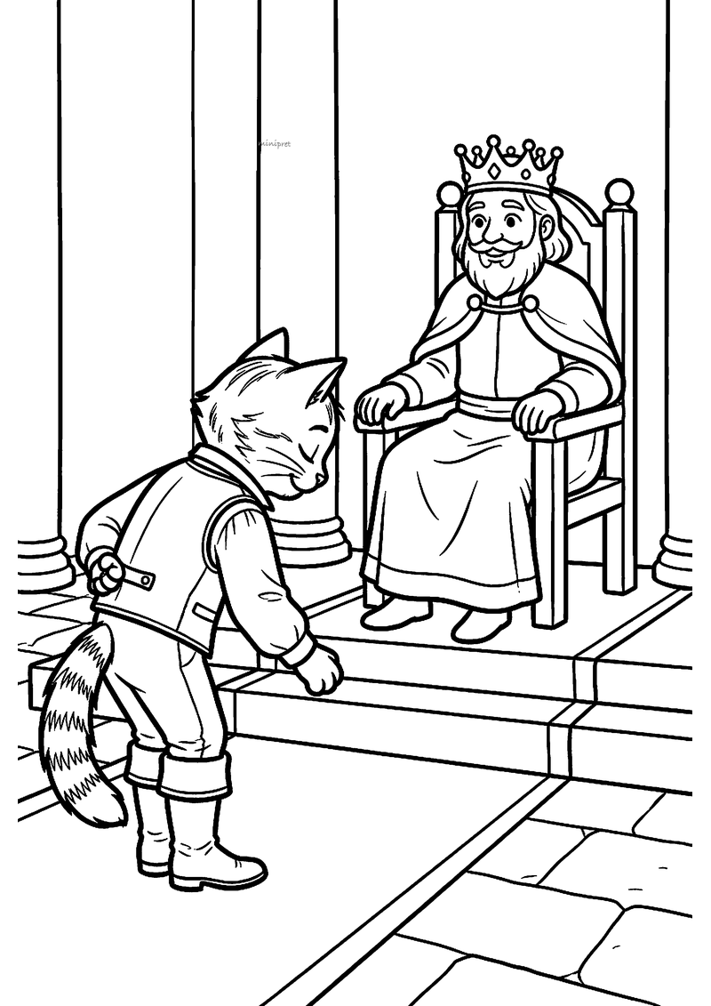 Kleurplaat van de gelaarsde kat die een buiging maakt voor de koning op zijn troon