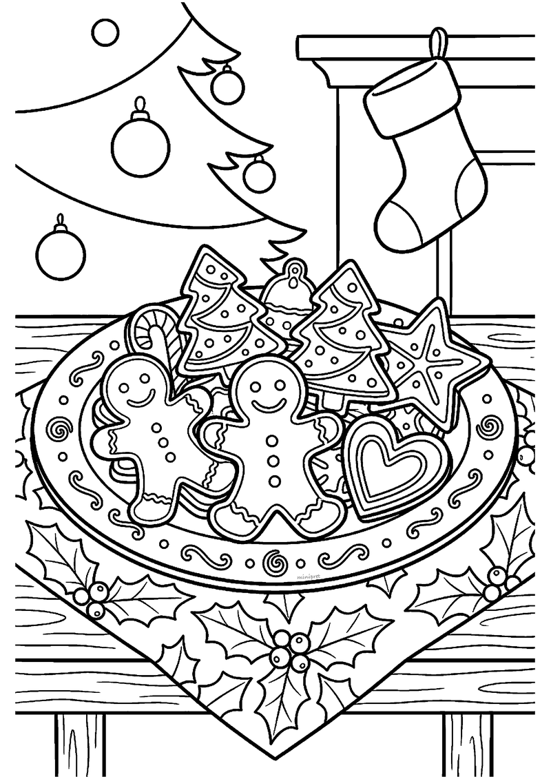 Kleurplaat van schaal met peperkoekmannetjes, sterkoek, hartkoekje en kerstboomkoekjes met kerstboom achter