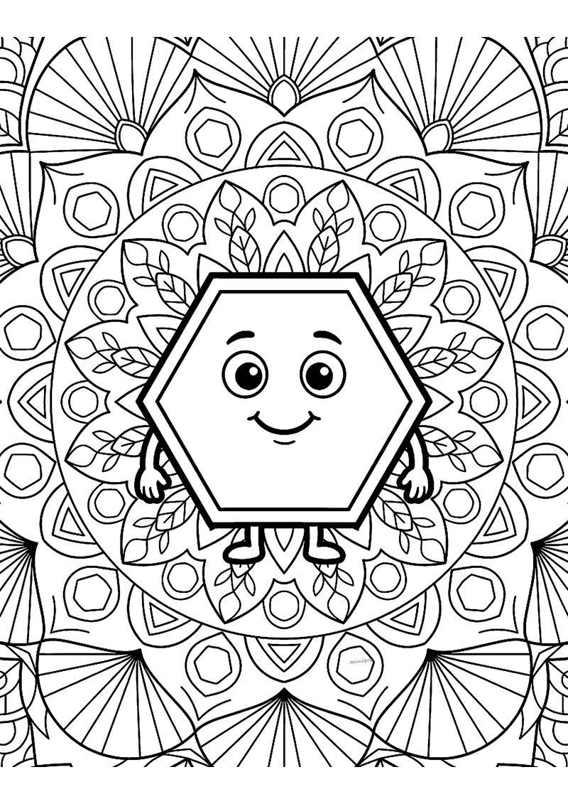 Kleurplaat van een mandala met een lachende zeshoek in het midden, omringd door blaadjes, driehoeken en zeshoeken