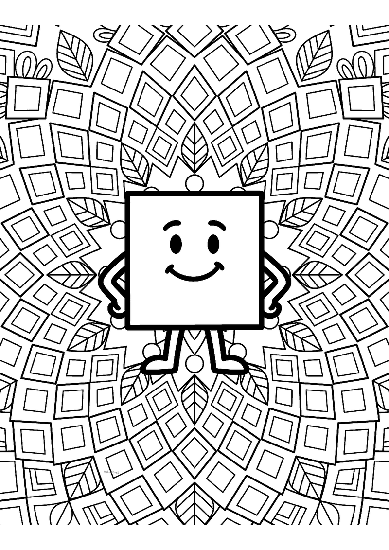 Kleurplaat van een geometrische mandala met een lachend vierkantje met handjes op de heupen tussen vierkanten en ruiten
