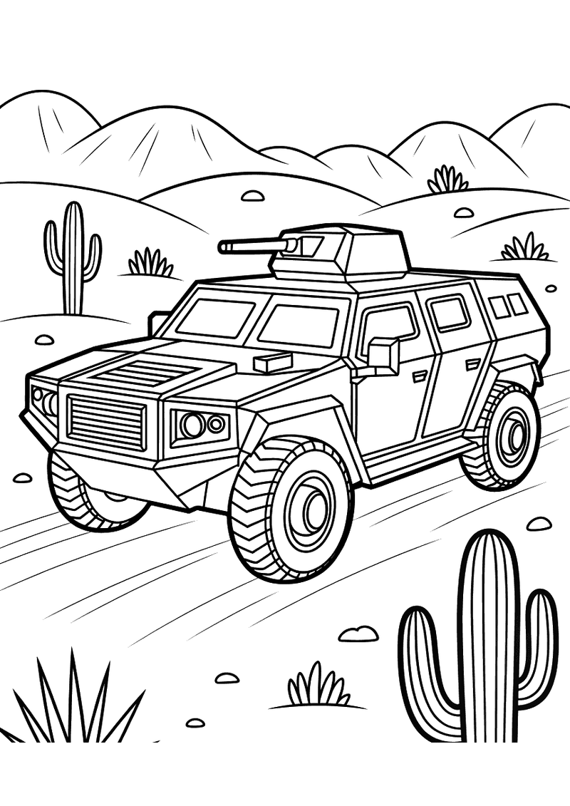 Gepantserd legervoertuig met geschutskoepel rijdt op zandpad tussen cactussen en woestijnheuvels