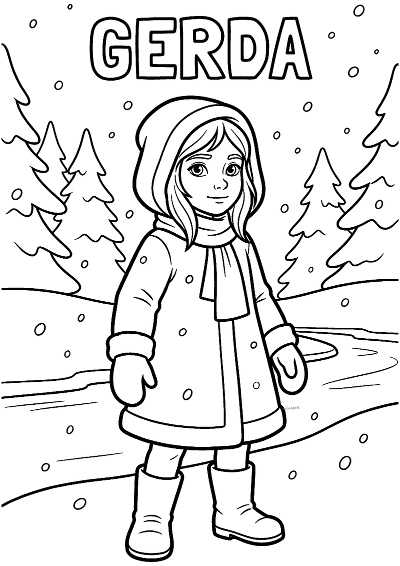 Gerda in haar winterjas kleurplaat