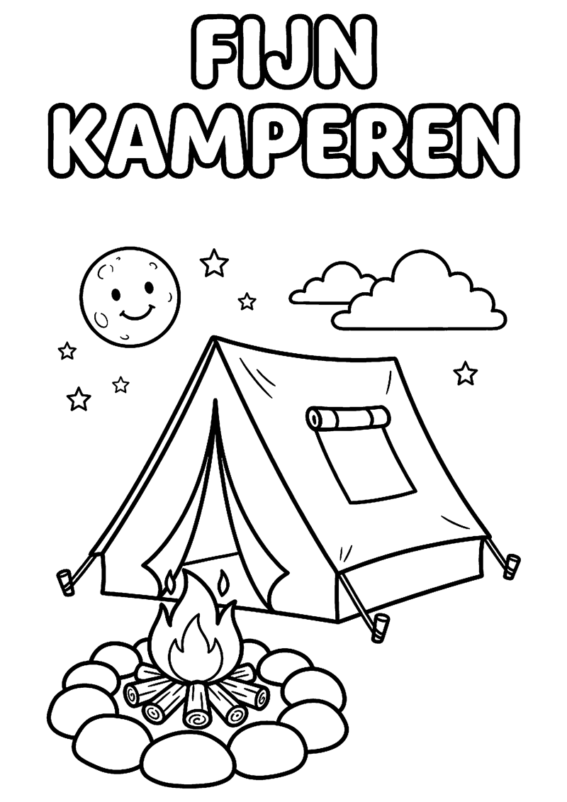 Gezellige Camping met Tent en Kampvuur met Tekst Fijn Kamperen Kamperen Kleurplaat — gratis kleurplaat
