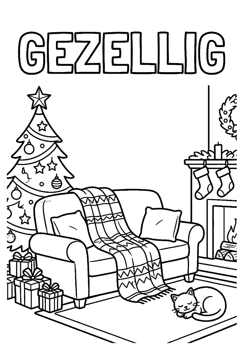 Kleurplaat met tekst GEZELLIG boven woonkamer met bank, kerstboom, slapende kat en open haard met kousen