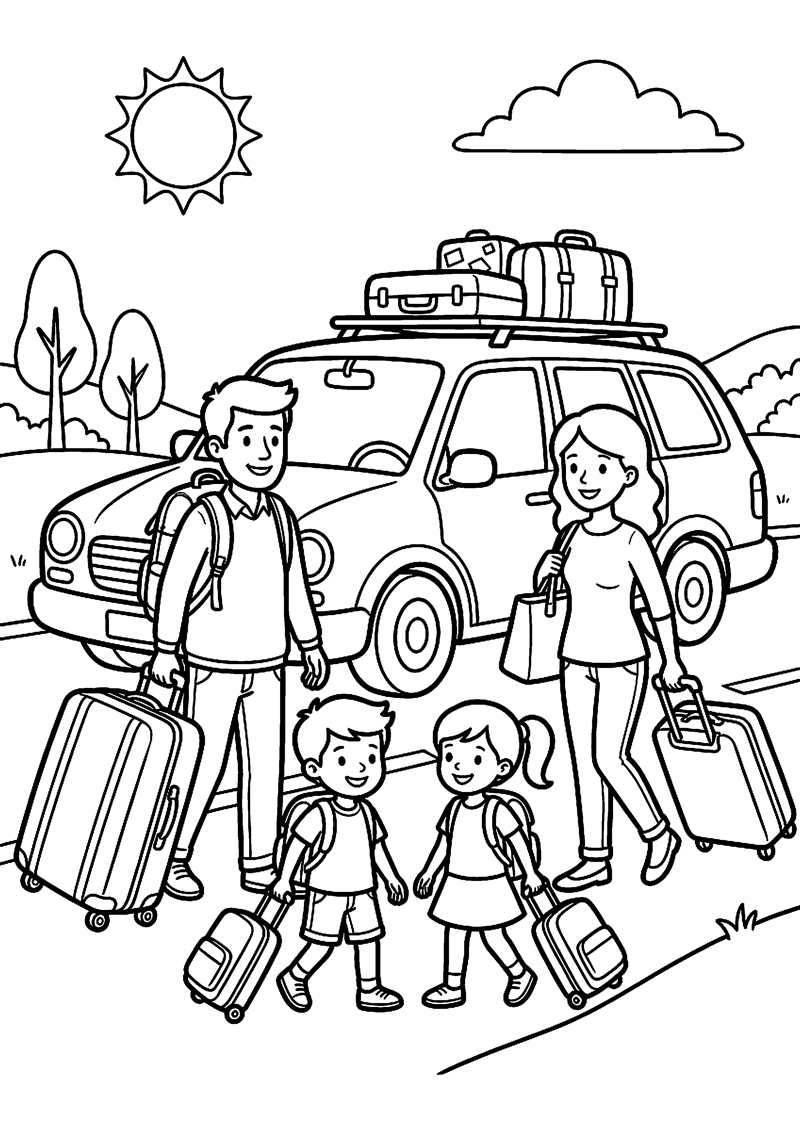 Gezin Gaat op Vakantie met Koffers Vakantie Kleurplaat — gratis kleurplaat printen