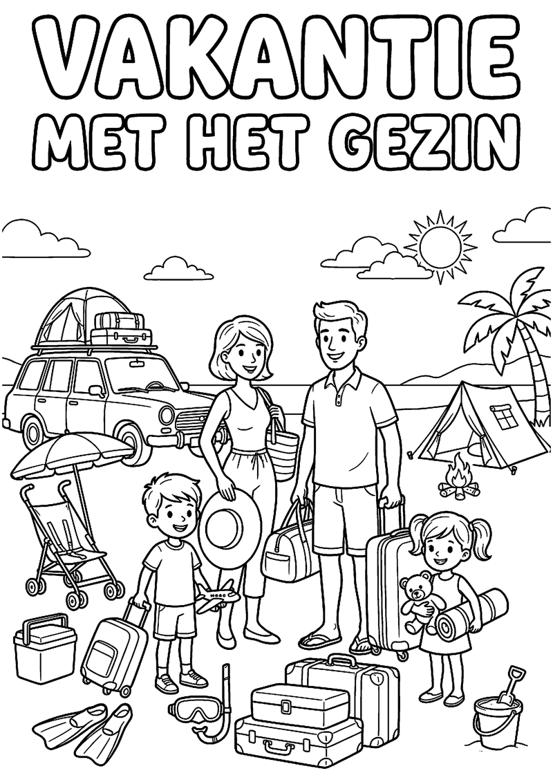 Gezin met Koffers en Vakantiespullen met Tekst Vakantie met het Gezin Vakantie Kleurplaat — gratis kleurplaat printen
