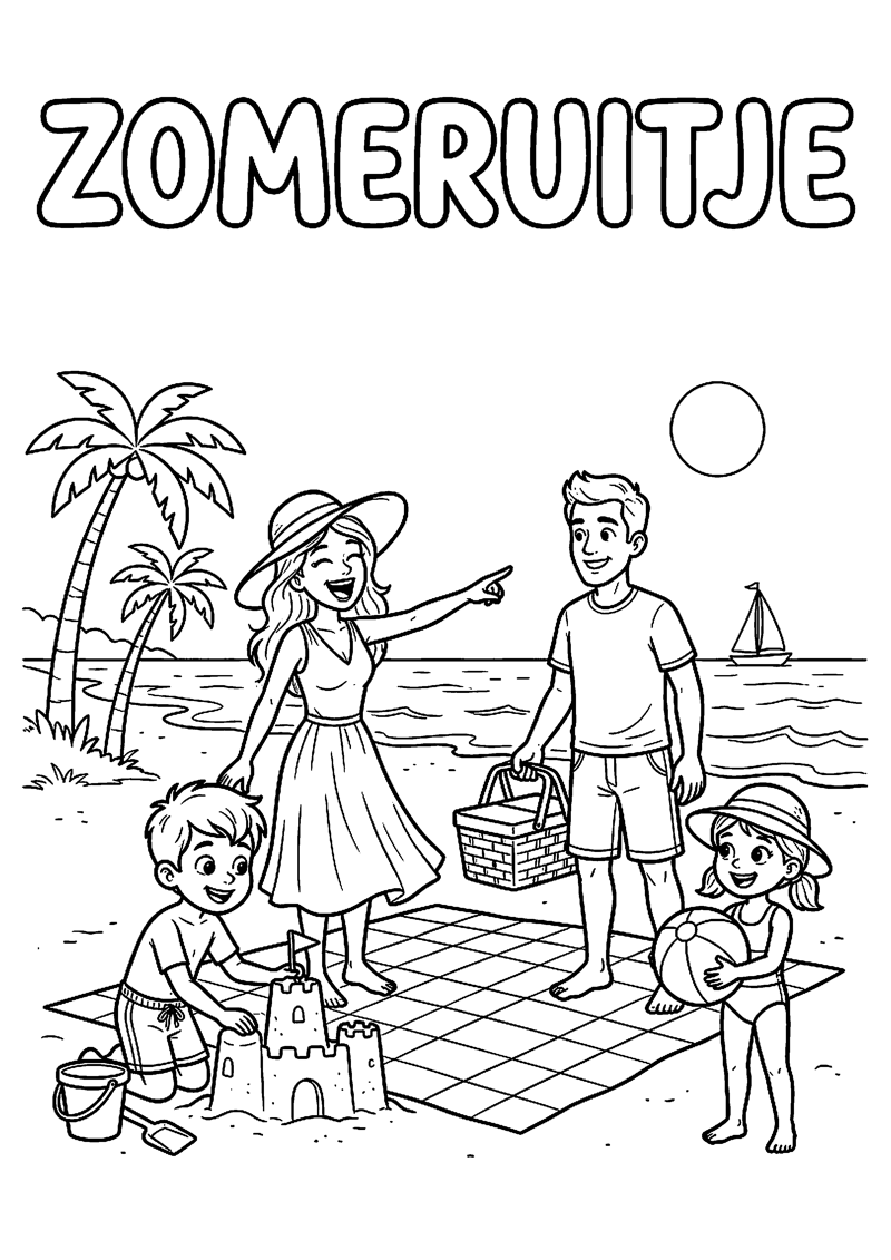 Gezin op een Zomers Uitje met Tekst Zomeruitje Zomervakantie Kleurplaat — gratis kleurplaat