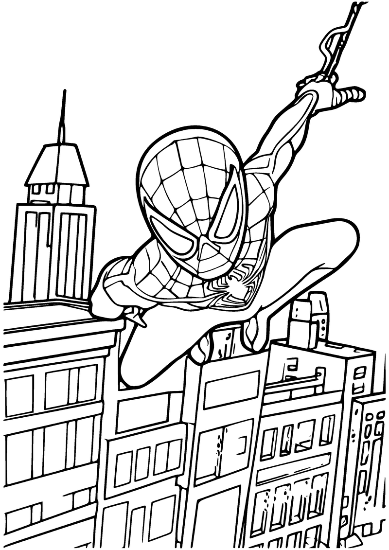 Kleurplaat van Spider-Man die aan een spinnendraad langs de daken en een hoge torenspits van de stad slingert