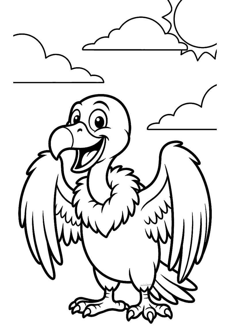 Kleurplaat van een lachende cartoongier met een pluizige verenkraag en gespreide vleugels onder wolken en zon