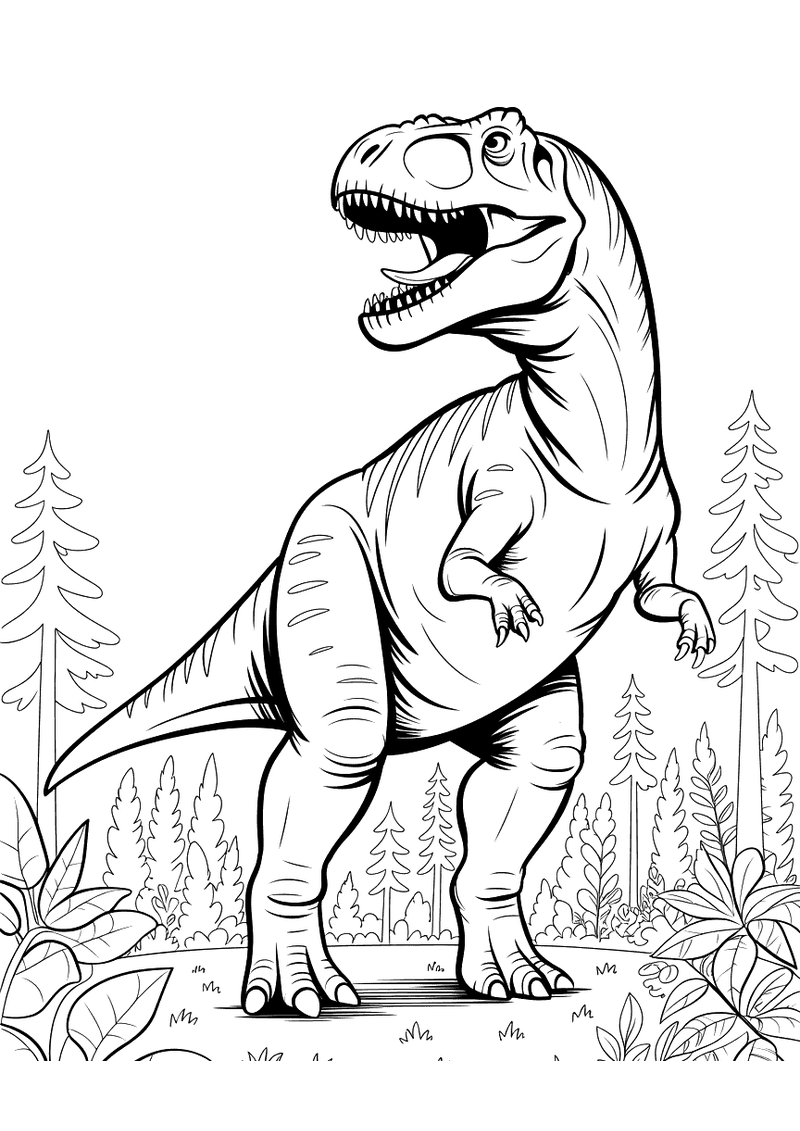 Kleurplaat van een Giganotosaurus die met open bek rechtop staat tussen hoge dennenbomen en struiken in een bos